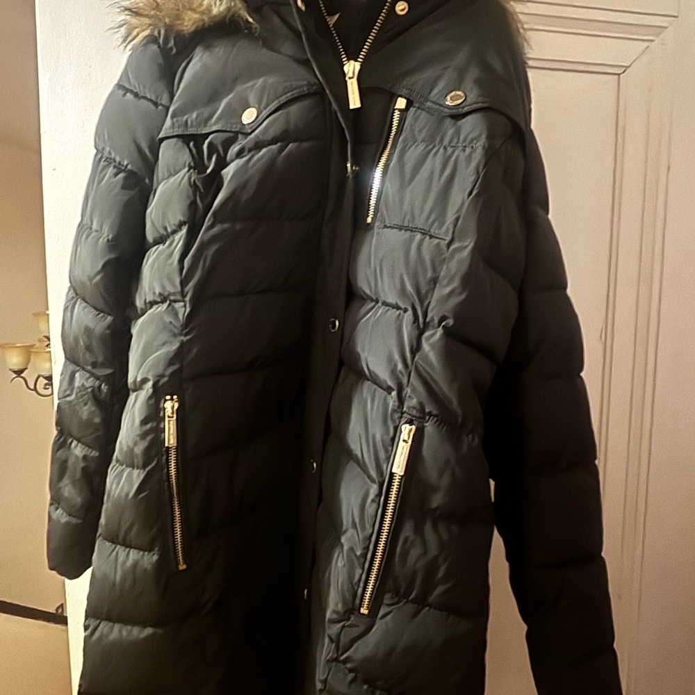 Michael Kors Dark Green Puffer Coat with Fur Trim removable hood